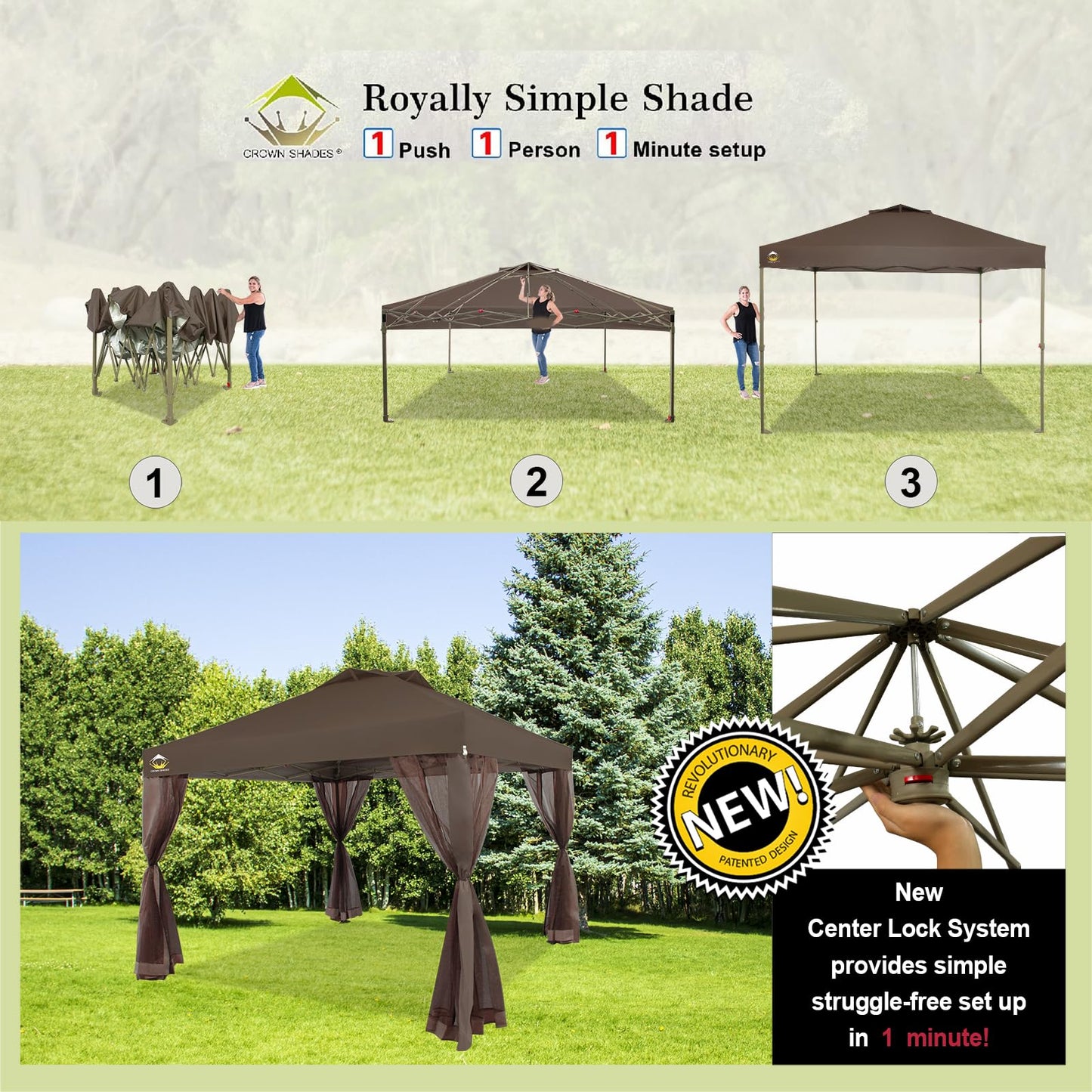 CROWN SHADES 10x10 Pop up Canopy Tent, Pop Up Gazebo with Netting, 4 Ropes, 8 Stakes, 4 Weight Bags, Wheeled Storage Bag, 10x10 Outdoor Canopy for Patio, Coffee