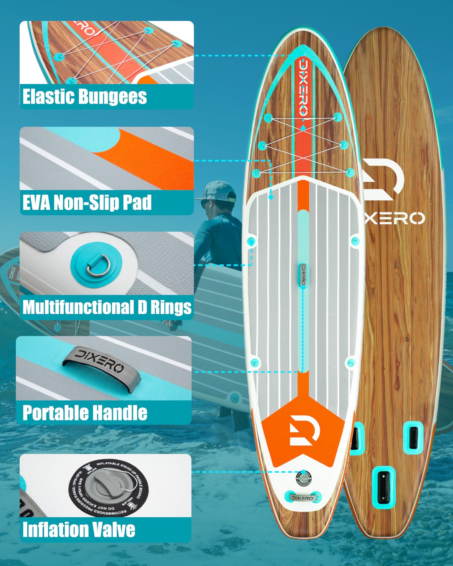 Dixero Inflatable Stand Up Paddle Board 11'*33", Extra Wide Paddle Boards for Adults, SUP with Premium Accessories, Adjustable Paddle, Hand Pump, Bottom Fin, Leash Waterproof Phone Bag