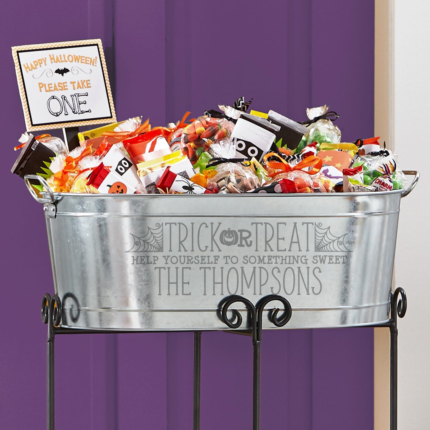 Let's Make Memories Personalized Beverage Tub - Trick or Treat Candy Bowl w/Stand - Halloween Party Décor - Trick or Treat