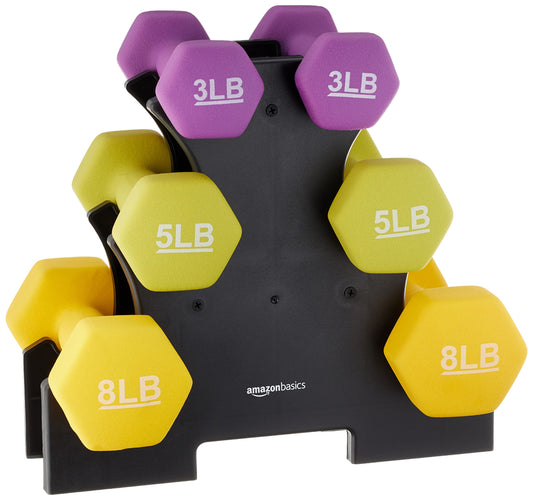 Amazon Basics Neoprene Dumbbell Hand Weights, Rack with 3 Pairs (3, 5, and 8 pound), Purple/Green/Yellow