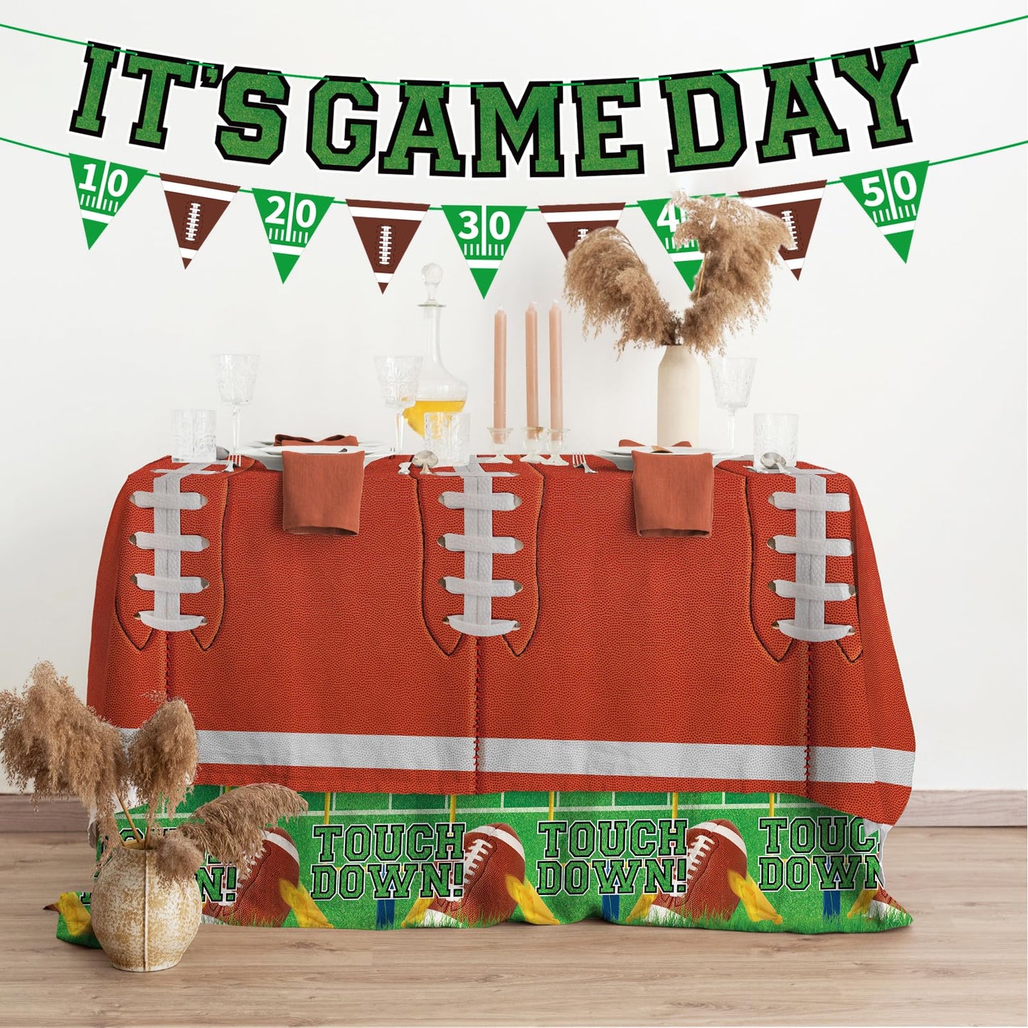 Football Party Supplies Kit for 24 Guests - Includes Large 12.5in Plates, Dessert Plates, Napkins, Cups, Banner and Touchdown Tablecloth - for Football Birthday and Tailgate Party Decorations