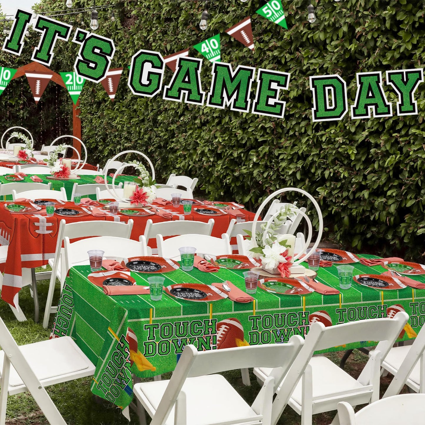 Football Party Supplies Kit for 24 Guests - Includes Large 12.5in Plates, Dessert Plates, Napkins, Cups, Banner and Touchdown Tablecloth - for Football Birthday and Tailgate Party Decorations