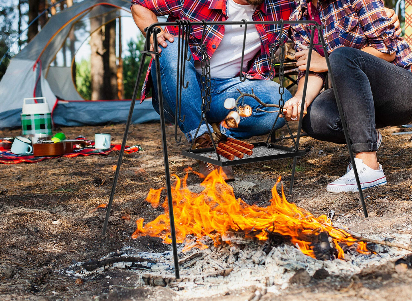 Bruntmor Grill Swing Campfire Cooking Stand BBQ Grill for Cookware & Dutch Oven Adjustable Collapsible Legs with Hooks & Accessories & Carrying Case Black