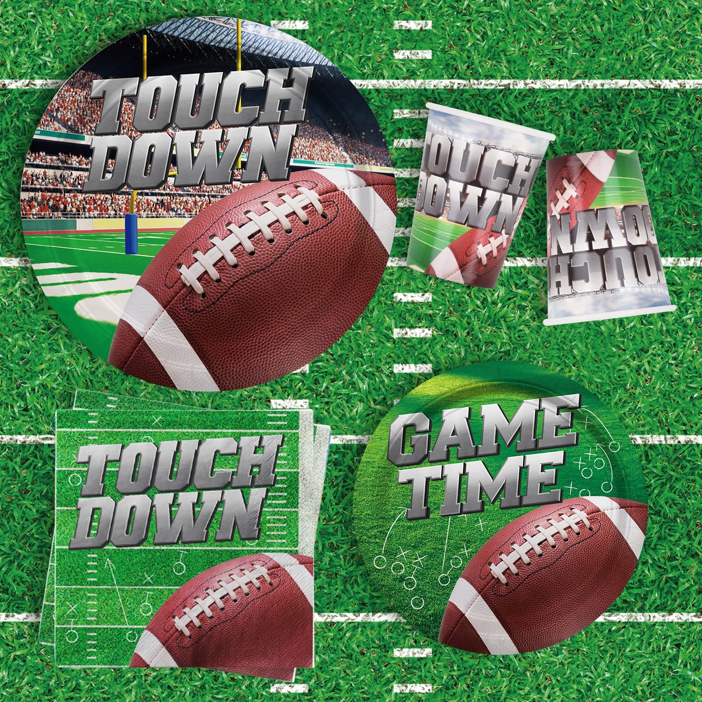 Football Party Supplies Kit Serve 25, Includes Disposable Dinner Plates, Dessert Plates, Napkins, Cups,and Football Tablecloth, Football Birthday Party Tailgate Party Decorations