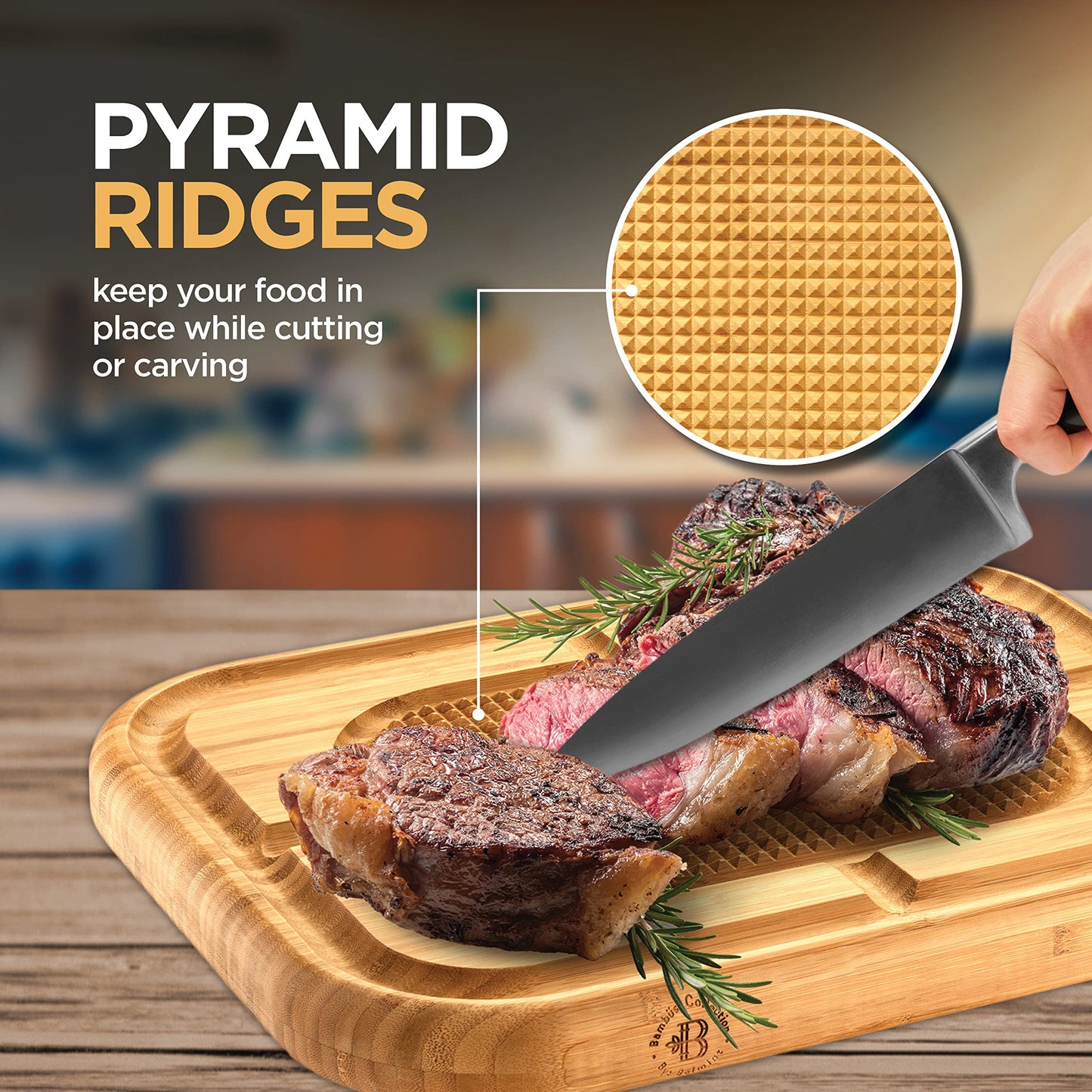 Cutting Board for Meat - Butcher Block with Juice Groove - Large Wooden Kitchen Cutting Board with Pyramid Design to Stabilize Meat, Reversible Serving Tray Chopping Board for Countertop Turkey Board