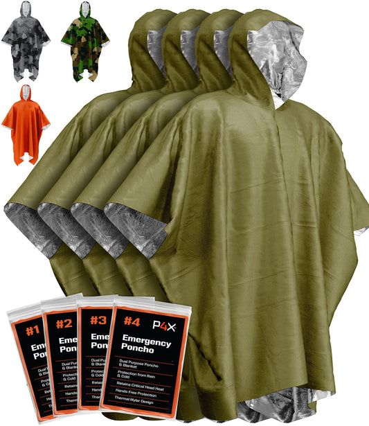 PREPARED4X Emergency Rain Poncho with Mylar Blanket Liner for Car - Heavy Duty, Waterproof Camping Gear, Survival Tactical Prepper Supplies– 4 Pack (Green)