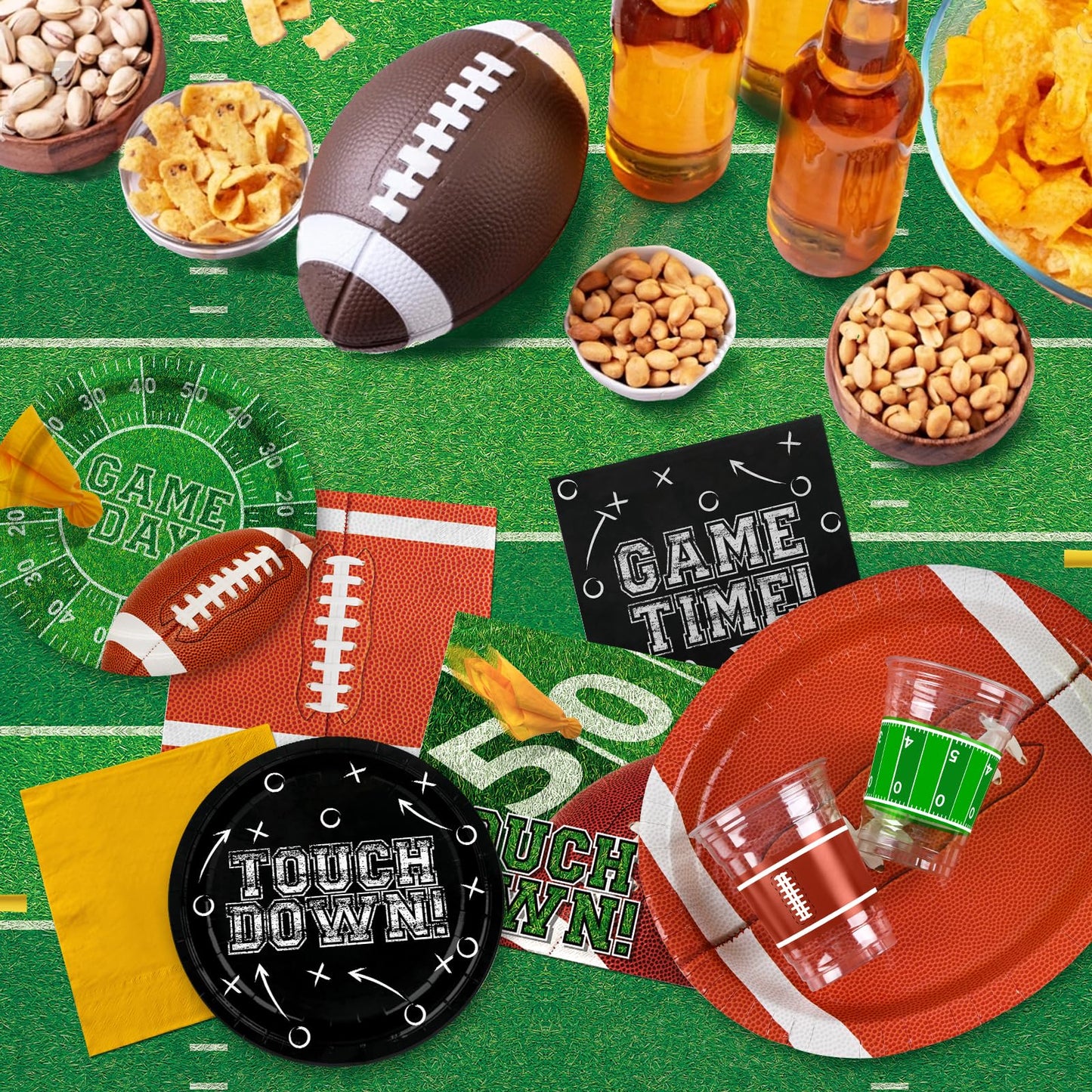 Football Party Supplies Kit for 24 Guests - Includes Large 12.5in Plates, Dessert Plates, Napkins, Cups, Banner and Touchdown Tablecloth - for Football Birthday and Tailgate Party Decorations