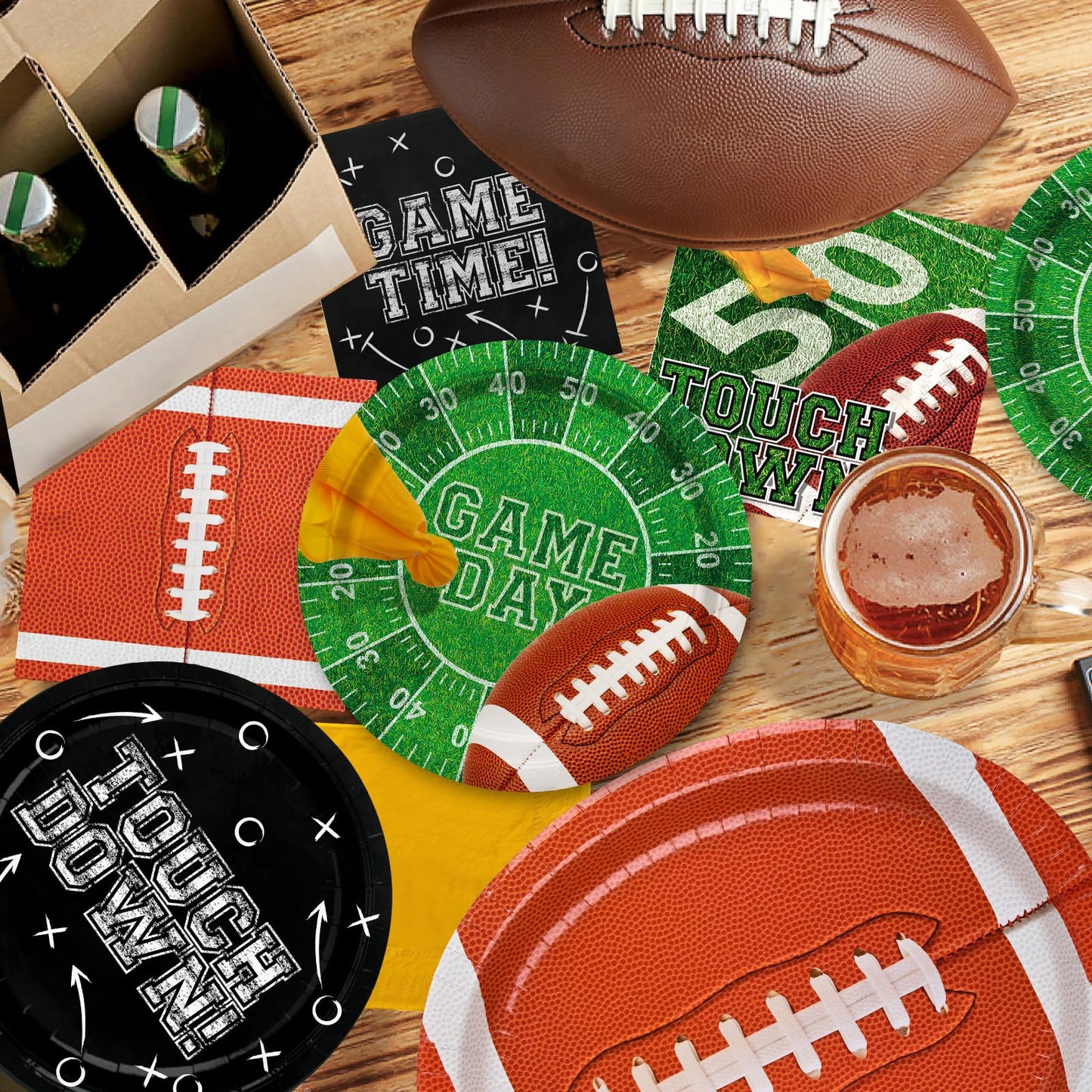 Football Party Supplies Kit for 24 Guests - Includes Large 12.5in Plates, Dessert Plates, Napkins, Cups, Banner and Touchdown Tablecloth - for Football Birthday and Tailgate Party Decorations