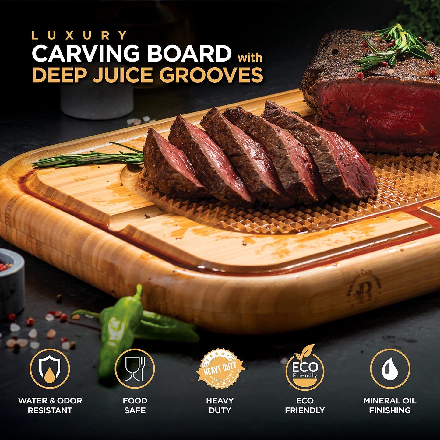 Cutting Board for Meat - Butcher Block with Juice Groove - Large Wooden Kitchen Cutting Board with Pyramid Design to Stabilize Meat, Reversible Serving Tray Chopping Board for Countertop Turkey Board