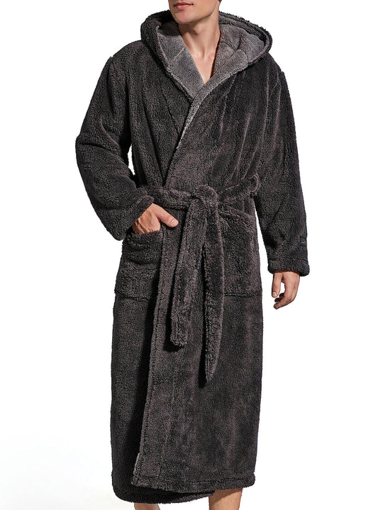 SlumberMee Mens Fleece Plush Robe with Hood Ultra Soft Fluffy Full Length Long with Pockets Luxurious House Coat (Dark Gray, L)