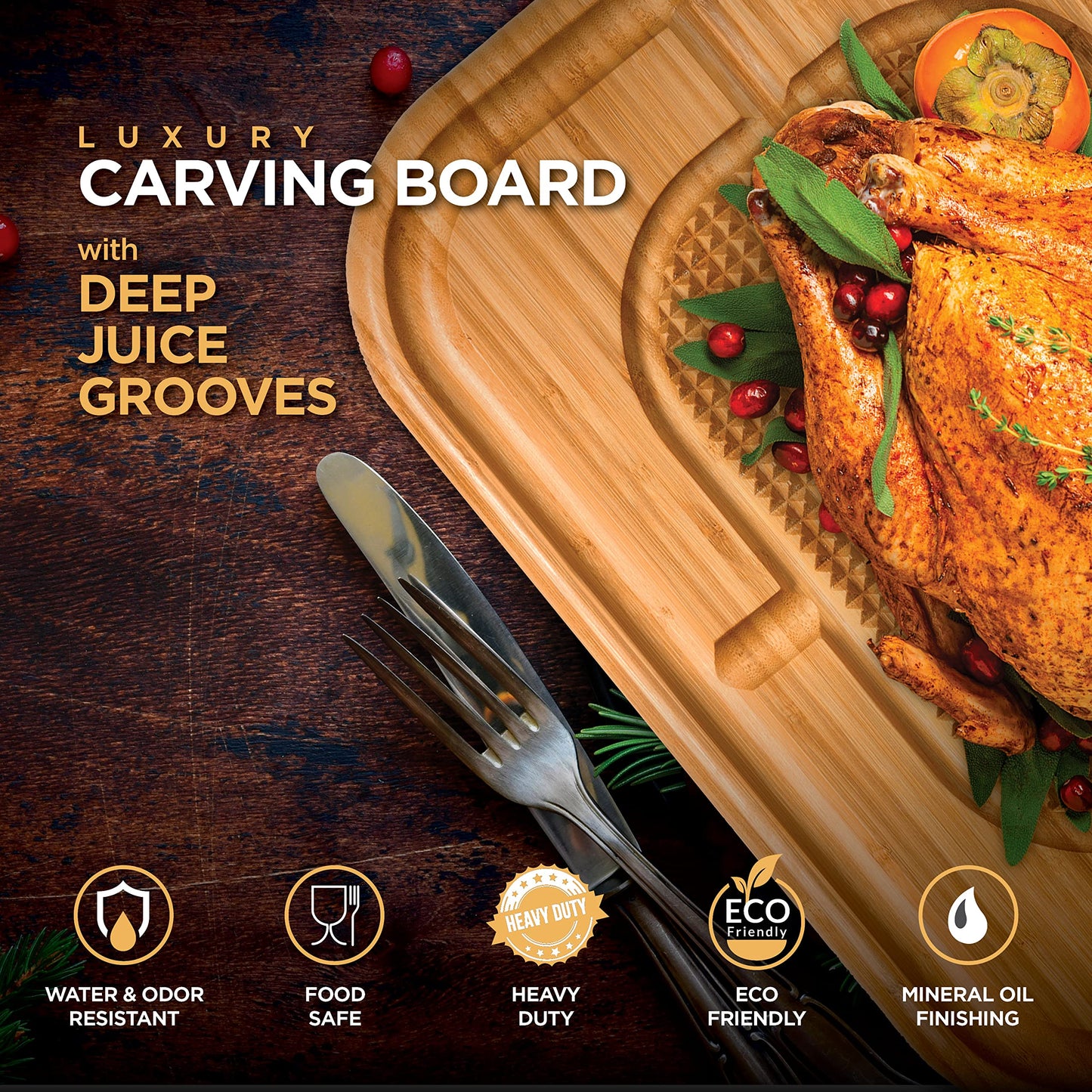 Cutting Board for Meat - Butcher Block with Juice Groove - Large Wooden Kitchen Cutting Board with Pyramid Design to Stabilize Meat, Reversible Serving Tray Chopping Board for Countertop Turkey Board